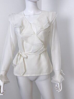 Vintage 1970s White Organdy and Sheer Blouse Top with Ruffled Collar Size 8